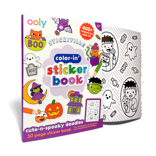 Ooly Stickiville Color-In' Sticker Book Cute-N-Spooky Doodles, angled view of coloring sticker pages