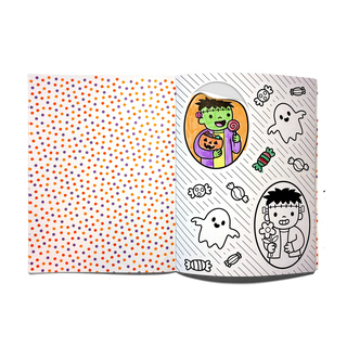 OOLY Stickiville Color-In' Sticker Book Cute-N-Spooky Doodles contents with Halloween-themed coloring stickers