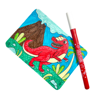 OOLY Undercover Art Dino Tales hidden pattern coloring activity art cards featuring a colored T-Rex