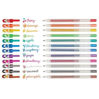 Ooly Yummy Yummy scented glitter gel pens set of 12 shown in a row with colorful ink swatches