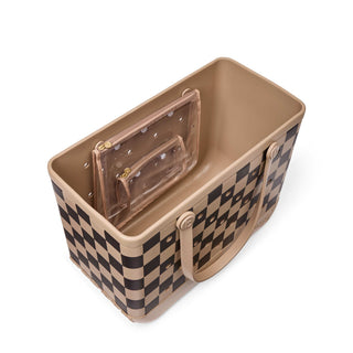 Original Bogg® Bag - Checkered: Camel / Hot Cocoa
A structured tote bag with a beige and black checkerboard pattern, featuring a tan interior, dual top handles, and a clear zippered pouch inside, shown on a white background.