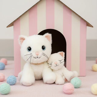 Olli Ella Binky Kitten Kiki - White
Olli Ella Dinkums Cat Lux - White
Two white plush cats in front of a pink and white striped house with colorful balls around.