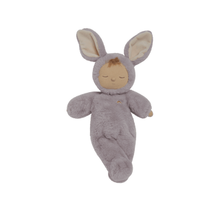 Olli Ella Cozy Dinkums - Bunny Twinkle Plush toy baby in a bunny costume on a black background