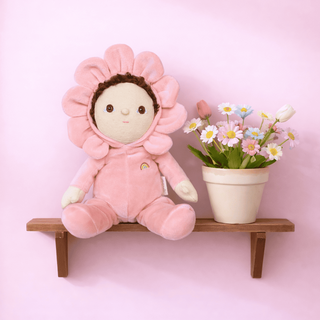 Olli Ella Dinky Dinkums doll named Dahlia with floral blossom and buds, soft fabric doll with detailed floral design.