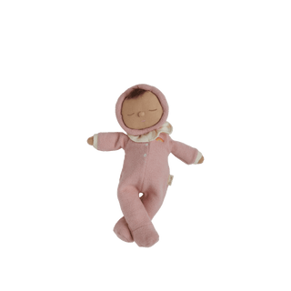 Olli Ella Dozy Dinkums - Toadstool Pip - Pink
Pink baby doll in a onesie on a black background