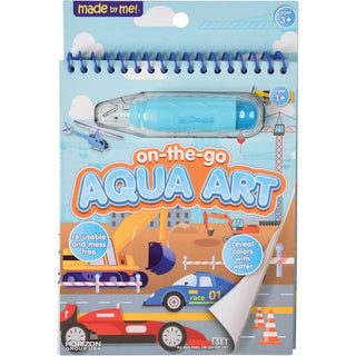 On The Go Aqua Art - Cars
A children's watercolor painting pad with a blue refillable marker, branded 'made by me!' and 'AQUA ART'. The cover features colorful illustrations of construction vehicles and race cars on a light blue background with white clouds.