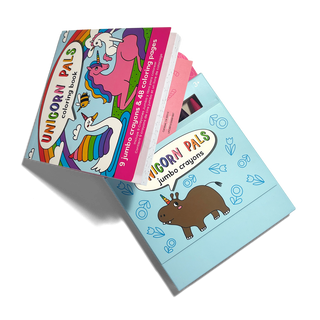 Ooly Carry-Along Unicorn Pals coloring book and crayon set with crayons and illustrated book angled view