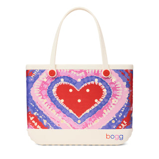Original Bogg® Bag - In Love With Bogg - Bouy Red 
Tote bag with a colorful heart design and 'bogg' branding on a white background