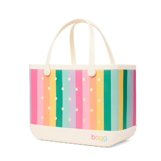 Original Bogg® Bag - Liquid Sunshine - Color Burst
Colorful striped tote bag with polka dots on a white background