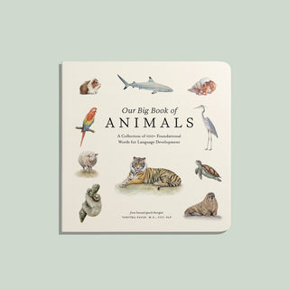Our Big Book of Animals Board Book
Book titled 'Our Big Book of Animals' with illustrations of various animals on a light gray background