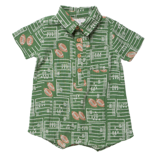 Blue Rooster Baby Boys Easton Jumper - Football Field
A baby short-sleeve button-up shirt in green with a white football field and yard line pattern, decorated with brown footballs, shown flat on a white background.