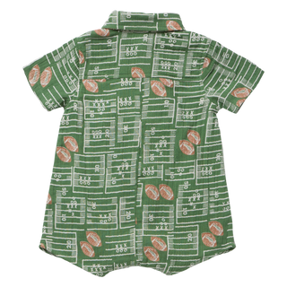 Blue Rooster Baby Boys Easton Jumper - Football Field 
A short-sleeve button-up shirt for pets, featuring a green football field pattern with white yard lines, numbers, and brown football motifs, shown against a plain white background.