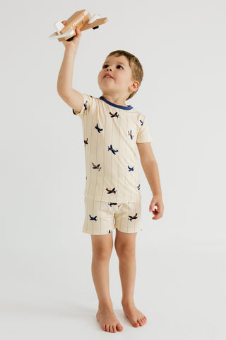 In My Jammers airplane two-piece pajama set with short sleeves and shorts, featuring airplane pattern for kids' sleepwear.