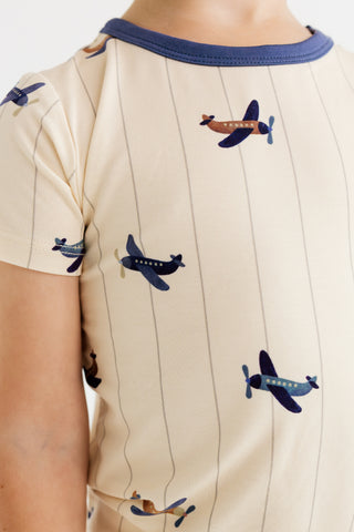 In My Jammers airplane-themed two-piece pajama set featuring a short-sleeve top and matching shorts, casual and comfortable sleepwear.