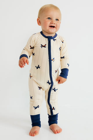 In My Jammers airplane zipper romper pajamas for kids, featuring airplane print and front zipper design.