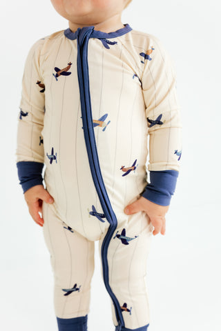 In My Jammers zipper romper pajamas with airplane print, featuring a front zipper and soft fabric for comfortable sleepwear.