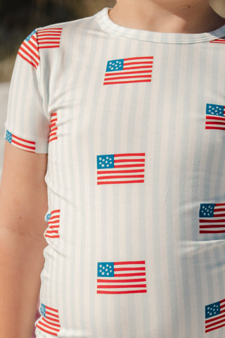 In My Jammers All American two-piece pajama set with star and stripe pattern, featuring a comfortable long-sleeve top and matching pants.