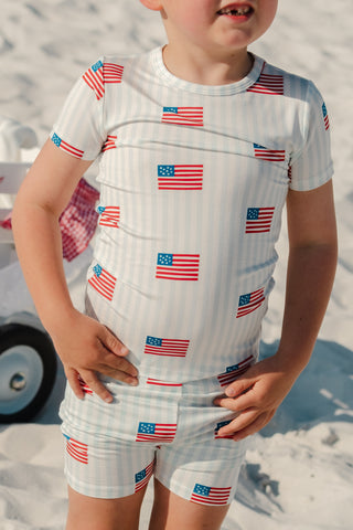 In My Jammers All American two-piece pajama set featuring a patriotic star and stripe pattern, soft fabric, and comfortable fit.