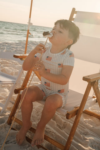 In My Jammers All American two-piece pajama set featuring patriotic star and stripe patterns on soft fabric.