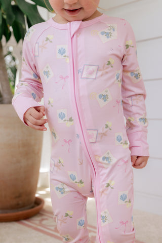 In My Jammers Little Coastal Notes zipper romper pajamas with a nautical print and front zipper, ideal for comfortable sleepwear.