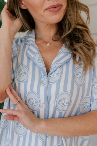In My Jammers women's floral seashell pajama short set with a relaxed fit, featuring a short-sleeve top and matching shorts.