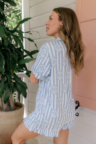 In My Jammers women's floral seashell pajama short set with matching top, soft fabric, and vibrant seashell pattern.