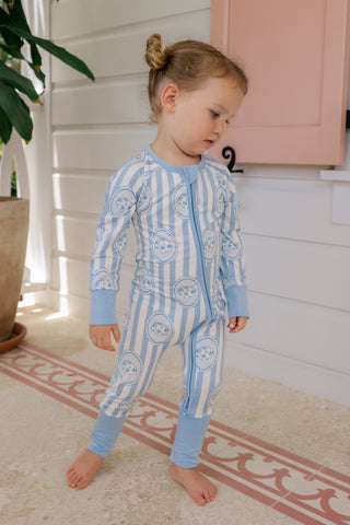 In My Jammers floral seashell zipper romper pajamas with a relaxed fit and vibrant seashell floral print on soft fabric.
