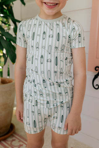 In My Jammers green surf-themed two-piece pajama set with short sleeves and shorts, perfect for comfortable sleepwear.