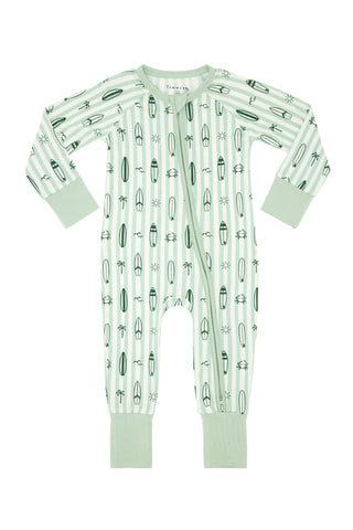 In My Jammers green zipper romper pajamas with surf-inspired design, featuring short sleeves and a front zipper closure.