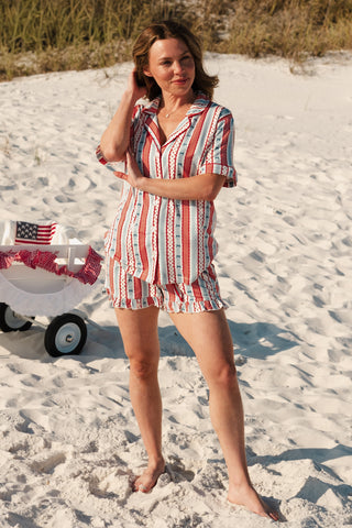 In My Jammers women's short pajama set with heritage stripe pattern, featuring a relaxed fit top and matching shorts.