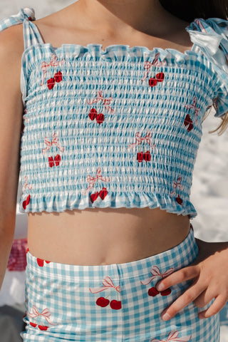 In My Jammers Little Cherry smocked flare set featuring a playful top and matching pants, perfect for casual wear.