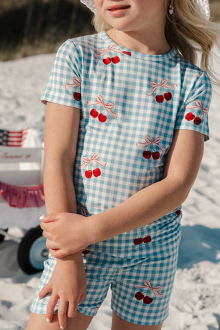 In My Jammers Little Cherry two-piece pajama set featuring a cherry print top and matching shorts for kids' sleepwear.