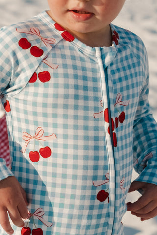 In My Jammers Little Cherry zipper romper pajamas for kids, featuring a colorful cherry print and comfortable fabric.