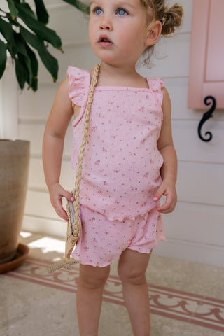 Pink In My Jammers Pointelle Tank Short Set featuring a sleeveless tank top and matching shorts with a delicate pointelle pattern.