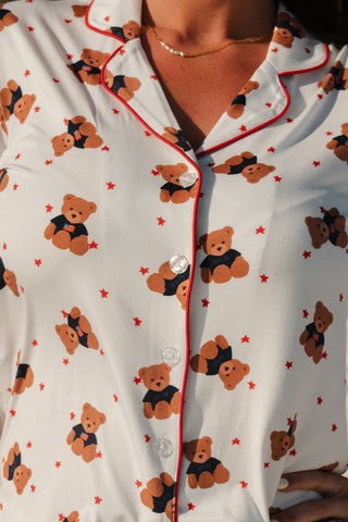 In My Jammers women's star-spangled teddy pajama set featuring patriotic red, white, and blue fabric with playful star patterns.