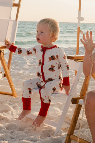 In My Jammers star-spangled zipper romper pajamas featuring a teddy bear design, soft fabric, and a front zipper for comfort.