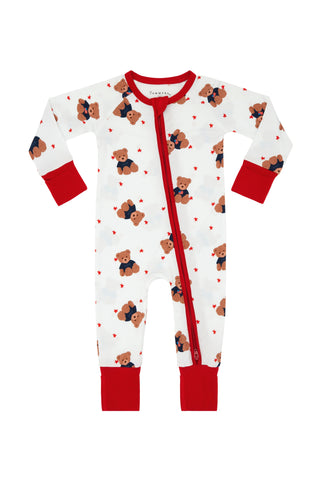 In My Jammers Star Spangled Teddy zipper romper pajamas with a fun star print and front zipper, displayed on a flat surface.