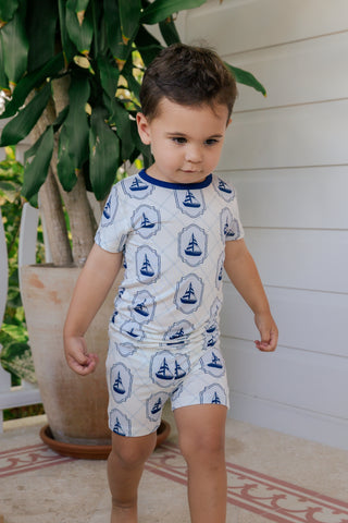 In My Jammers summer sail two-piece pajama set with short sleeves and shorts, featuring a nautical sailboat print.