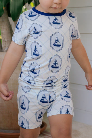 In My Jammers summer sail two-piece pajama set with short sleeves and shorts, featuring a nautical sailboat pattern on soft fabric.