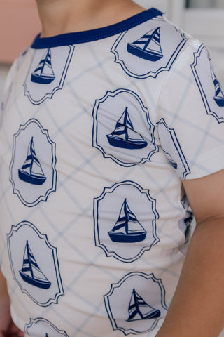 In My Jammers summer sail two-piece pajama set with short sleeves and shorts, featuring a nautical sailboat print.