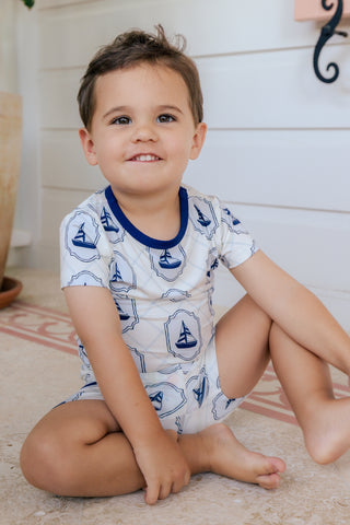 In My Jammers summer sail two-piece pajama set with short sleeves and matching shorts, featuring a nautical sailboat pattern.