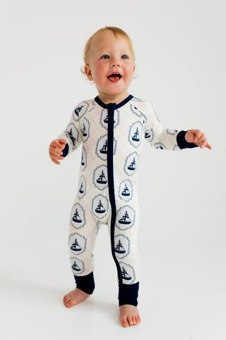 In My Jammers Summer Sail zipper romper pajamas with nautical print, short sleeves, and front zipper for comfort and style.