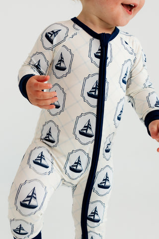 In My Jammers Summer Sail zipper romper pajamas for women, featuring a nautical sail print and comfortable zip-up design.