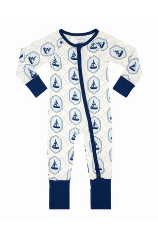 In My Jammers Summer Sail zipper romper pajamas, featuring a nautical sail pattern and comfortable design, displayed on a hanger.