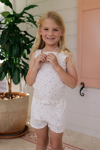 Cream pointelle tank top and shorts set by In My Jammers, casual outfit set with breathable, textured fabric.