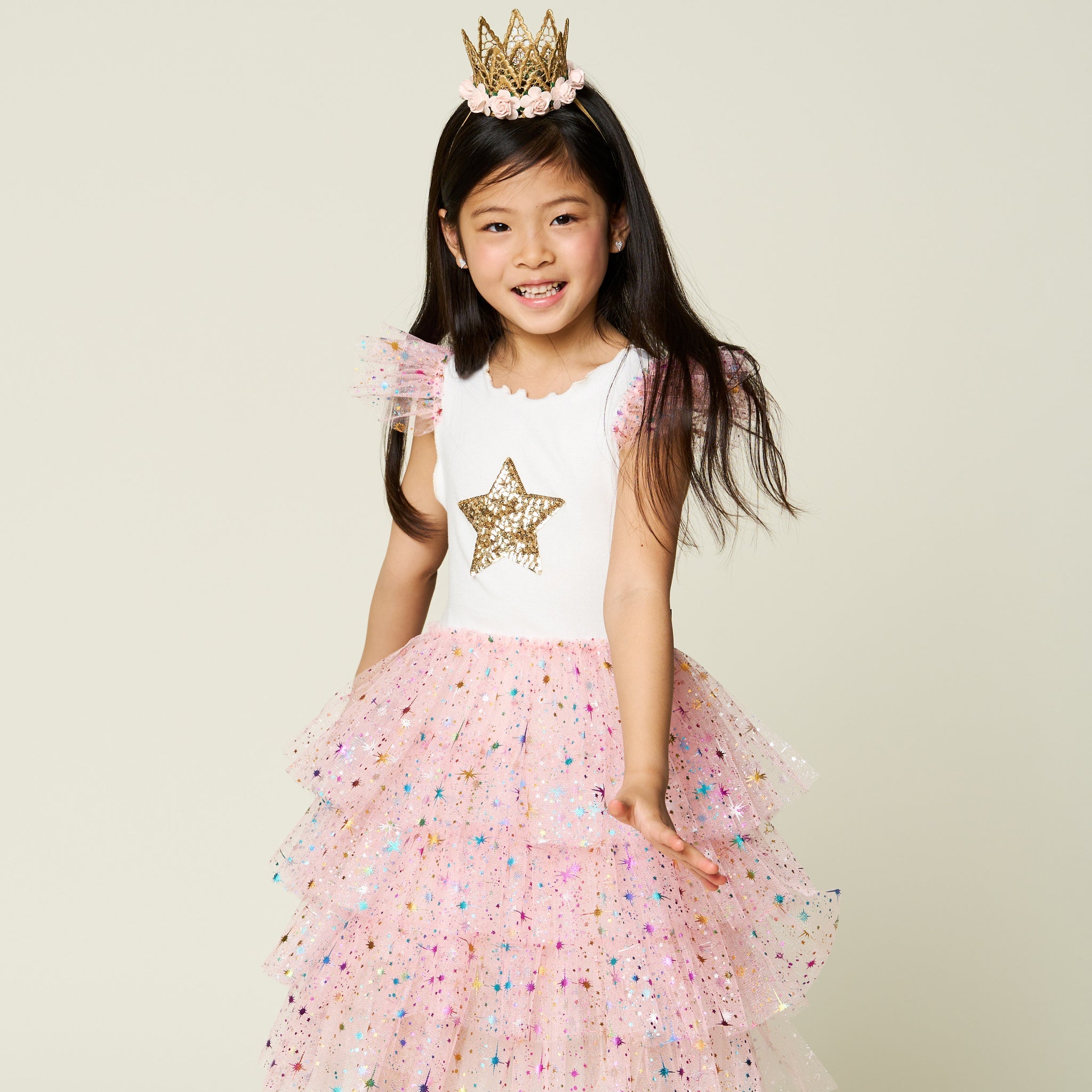 Leah Layered Metallic Stars Tutu Dress by Petite Hailey | Mini Dreamers 2 / Pink Leah Layered Metallic Stars Tutu Dress by Petite Hailey | Mini Dreamers 2 / Pink