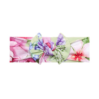 Posh Peanut Georgina Infant Headwrap Floral headband with a bow on a white background