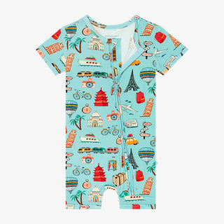 Posh Peanut Around the World S/S Zippered Short Romper, Posh Peanut, Around the World, cf-size-0-3-months, cf-size-3-6-months, cf-size-6-9-months, cf-type-romper, cf-vendor-posh-peanut, Posh 