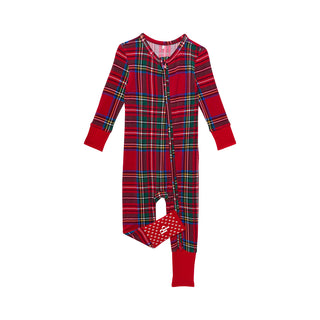 Posh Peanut Convertible One Piece - Red Tartan Plaid
Red plaid onesie with a white paw print on a white background