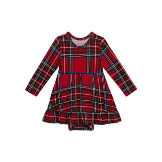 Posh Peanut Ruffled Bodysuit Dress - Red Tartan Plaid
Red plaid dress with long sleeves on a white background